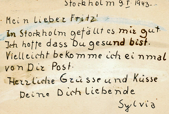 Postkortet som Fritz kone Sylvia sendte fra Stockholm i januar 1943