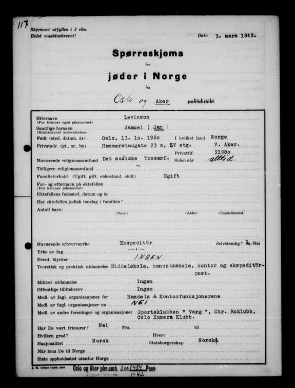 Spørreskjema for jøder i Norge, 3. mars 1942
