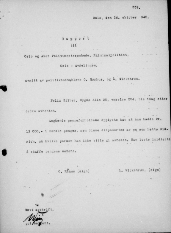 Rapport vedrørende arrestasjonen av Felix Silber, 26. oktober 1942