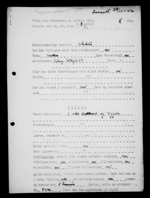 Paul Wolfs arrestasjonsrapport, oktober 1942